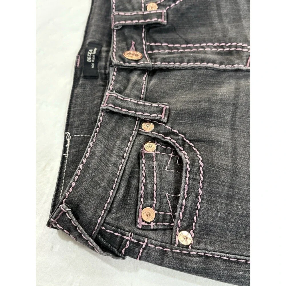 True Religion Becca Women Pink Big T Stitch Bootcut Jeans Washed Black Size 27